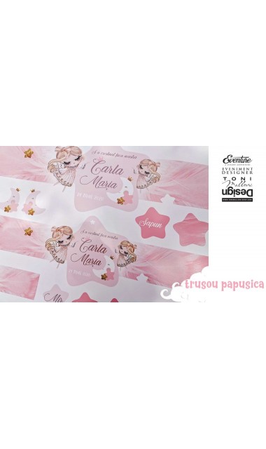 Trusou de botez cu papusica roz, gene lungi si broderie customizata, Doll 14